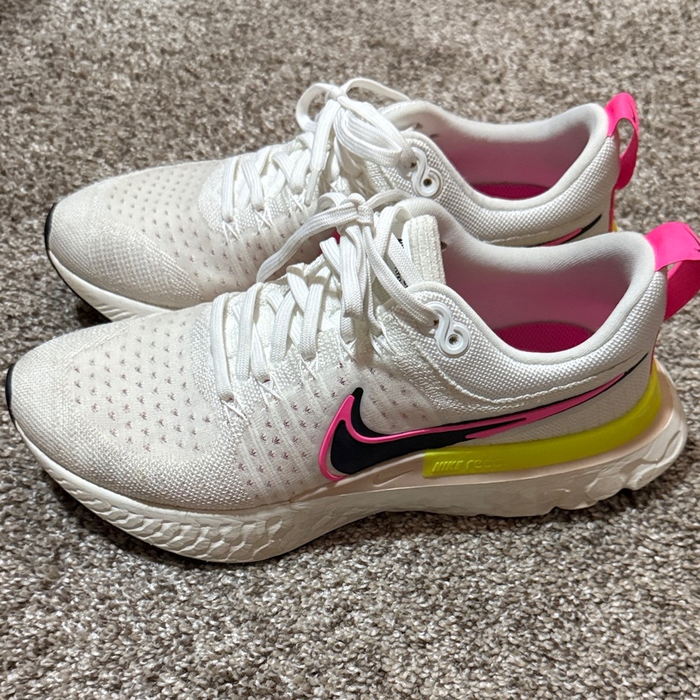 Nike White Trainers with Pink and Neon Yellow Accents